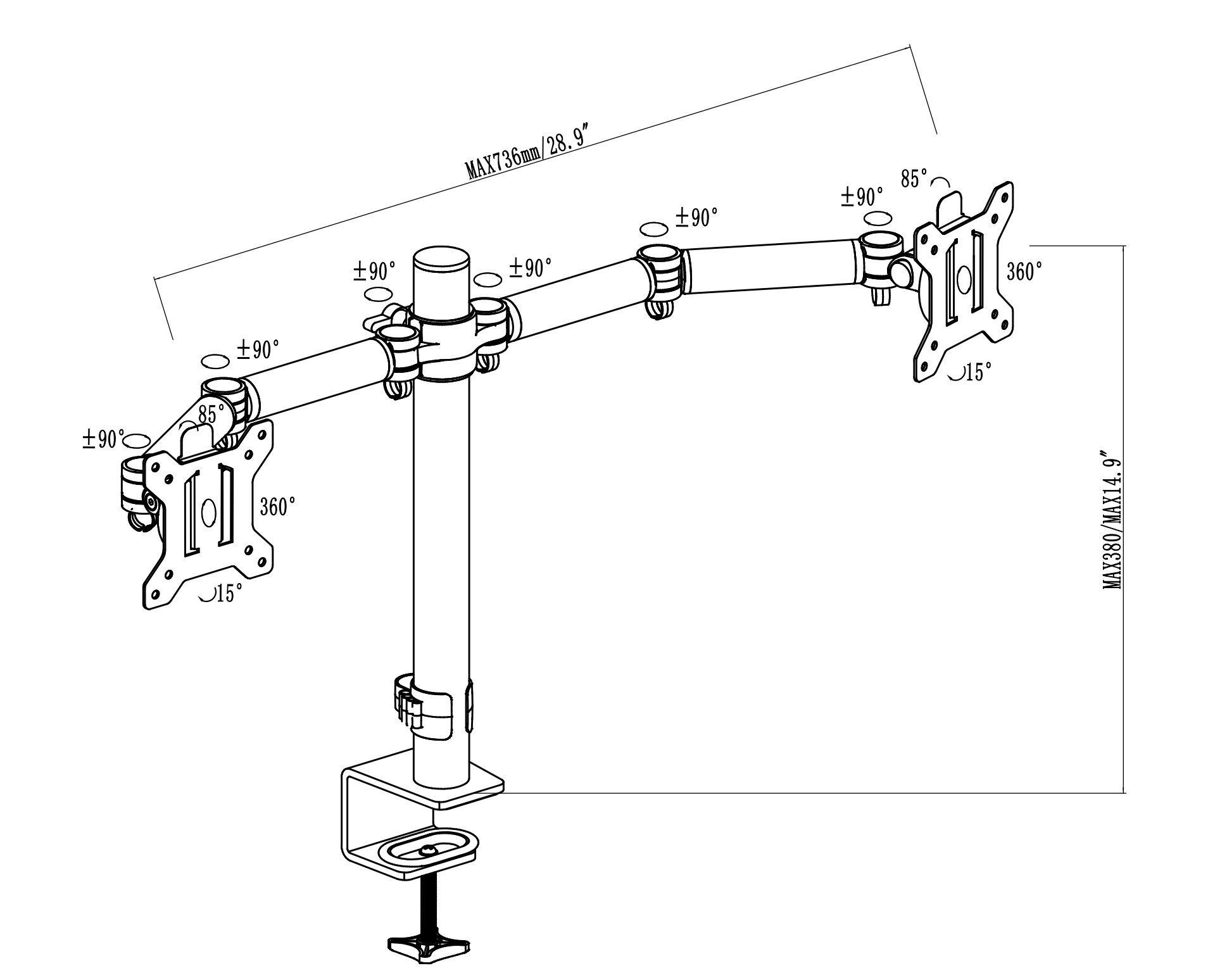 Disegno del braccio per doppio monitor 